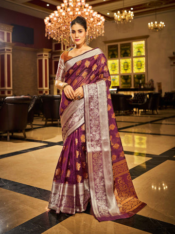 Swornof Womens Silk Saree With Blouse Piece - Purple