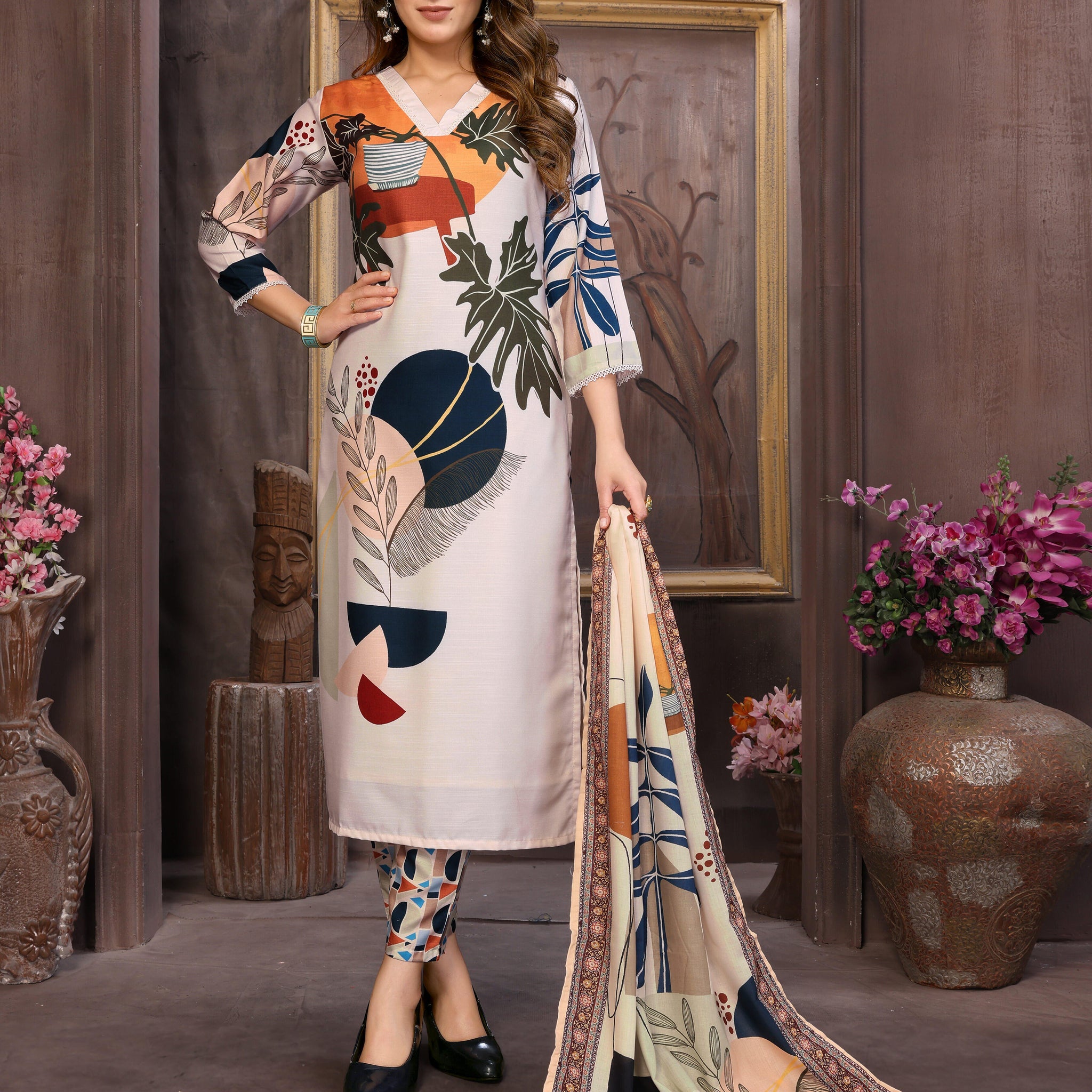 SUNDARNAARI Ivory Kurta Set – Digital Print Viscose Rayon, Elegant Design, Comfortable Fit, Perfect for Festive & Casual Occasions