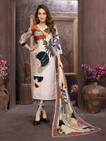 SUNDARNAARI Ivory Kurta Set – Digital Print Viscose Rayon, Elegant Design, Comfortable Fit, Perfect for Festive & Casual Occasions