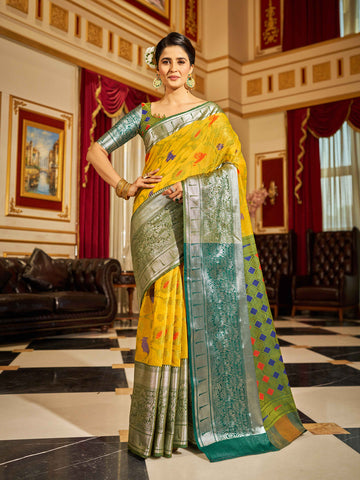 Swornof Women's cotton Silk Saree With Unstitched Boluse Piece - Yellow