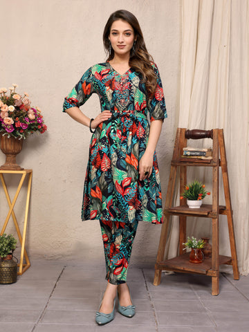 SUNDARNAARI Cotton Blend Printed Co-Ords – Elegant Mint Green Casual Wear for Women