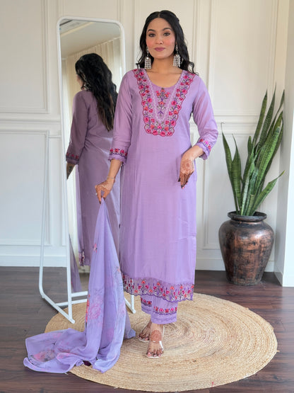 Women Lavender Embroidered Kurti
