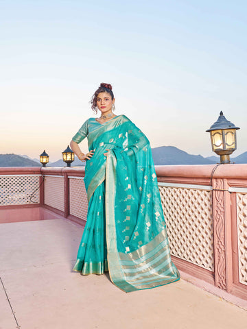 Swornof Womens Patola Organza Saree with blouse piece - Firozy