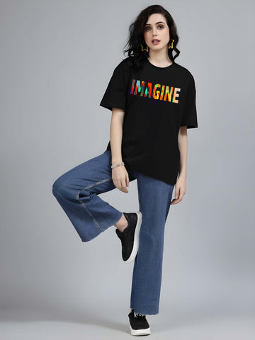 Women’s Black Cotton Oversized T-Shirt - Graphic Printed, Casual Round Neck by Kaido