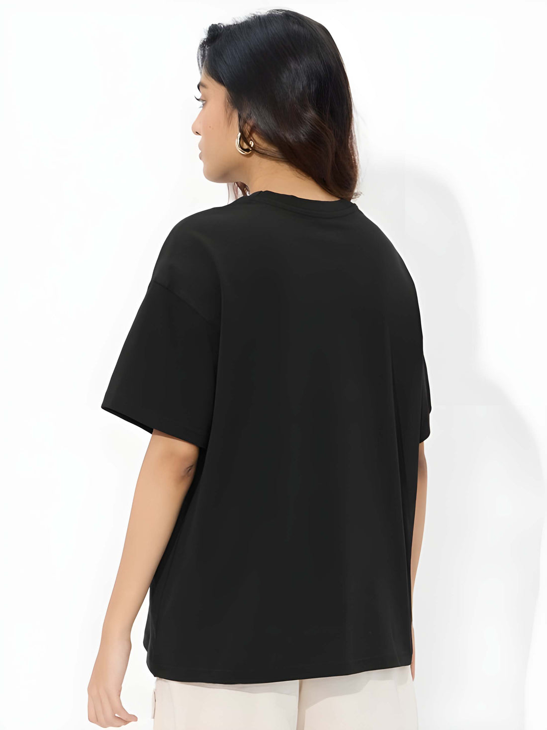 Women’s Black Cotton Oversized T-Shirt - Graphic Printed, Casual Round Neck by Kaido