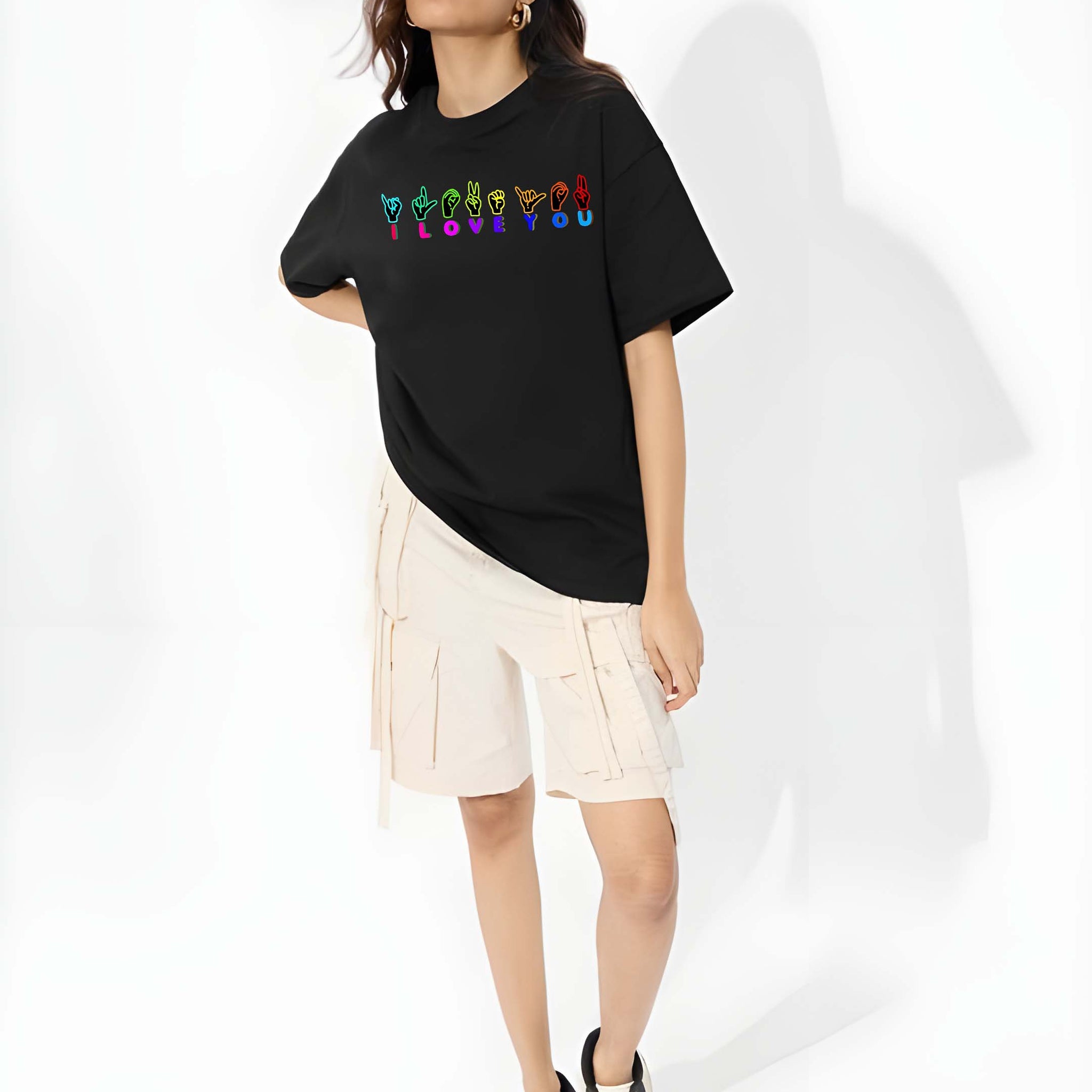 Women’s Black Cotton Oversized T-Shirt - Graphic Printed, Casual Round Neck by Kaido