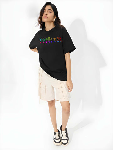 Women’s Black Cotton Oversized T-Shirt - Graphic Printed, Casual Round Neck by Kaido