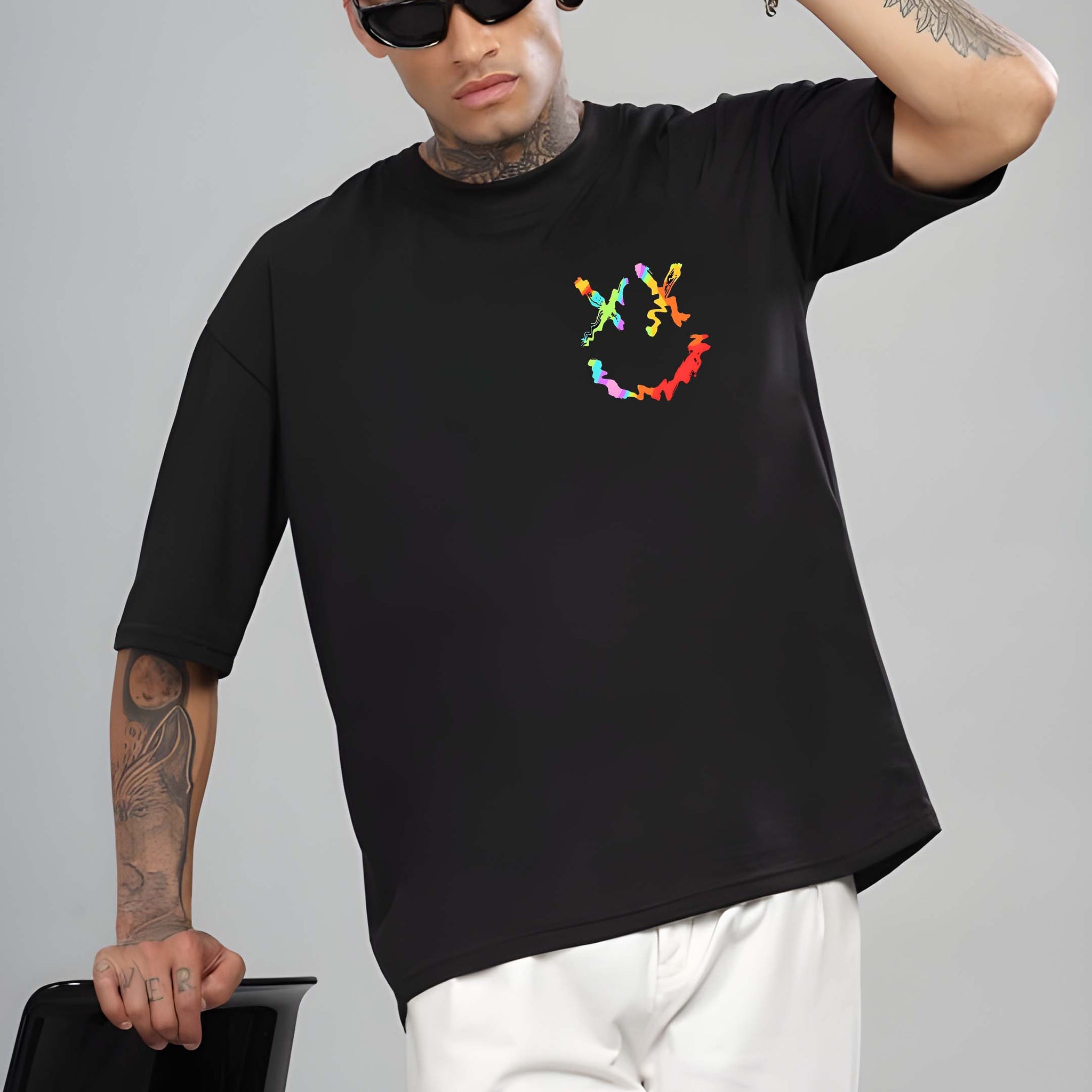 Men's Oversized T-Shirt - Black Cotton Graphic Print