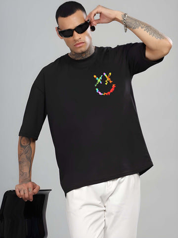 Men's Oversized T-Shirt - Black Cotton Graphic Print