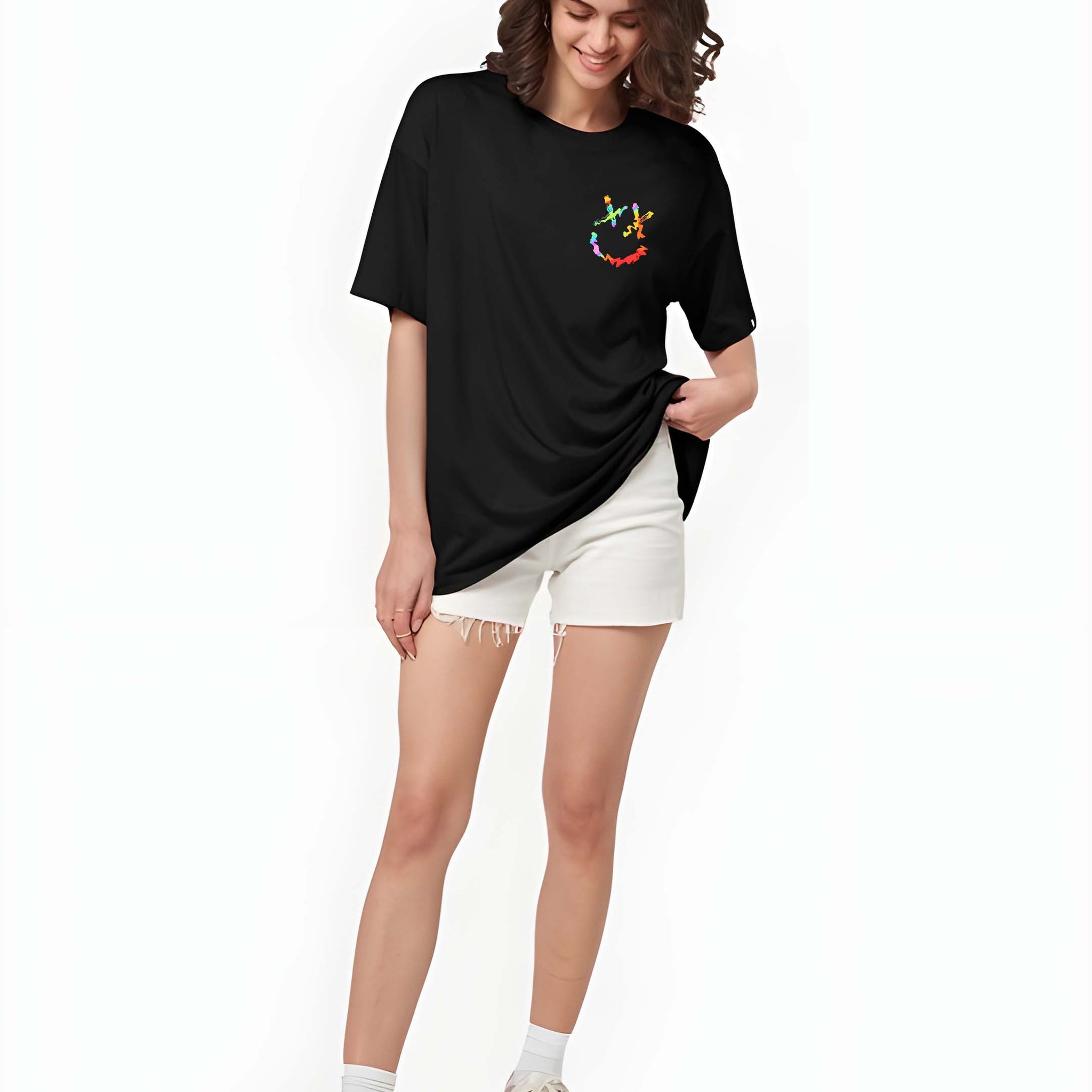 Women’s Black Cotton Oversized T-Shirt - Graphic Printed, Casual Round Neck by Kaido