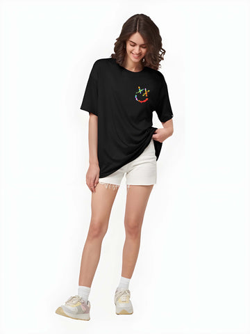 Women’s Black Cotton Oversized T-Shirt - Graphic Printed, Casual Round Neck by Kaido