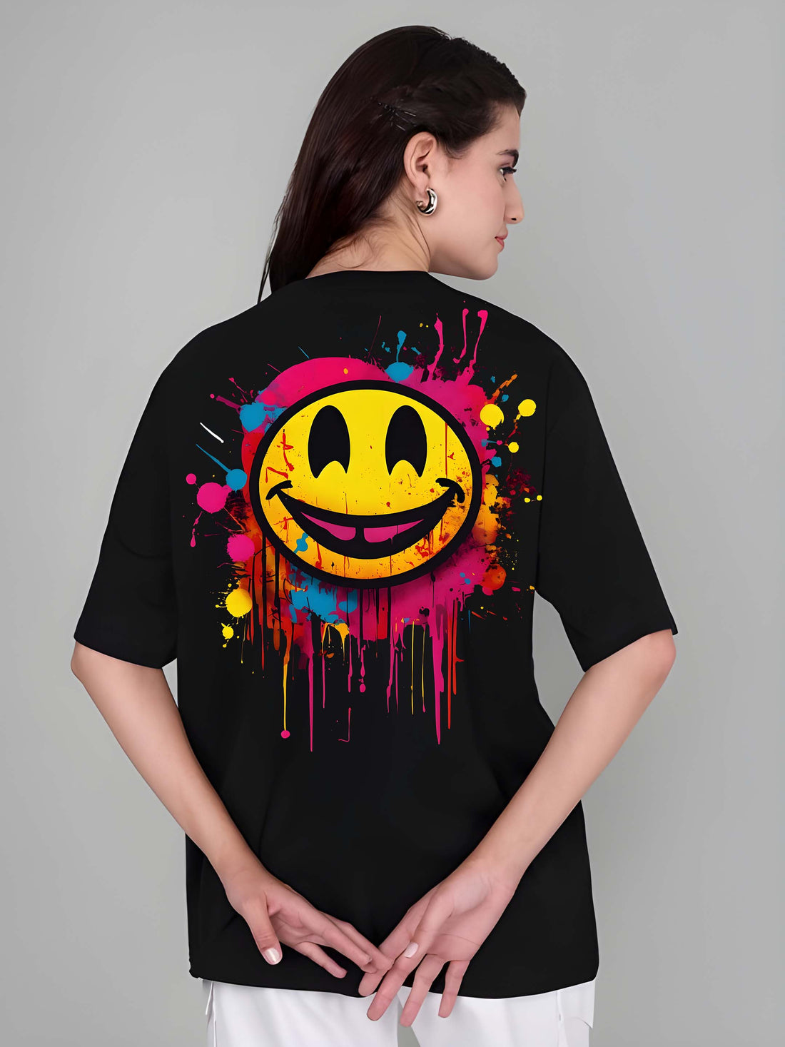 Women’s Black Cotton Oversized T-Shirt - Graphic Printed, Casual Round Neck by Kaido