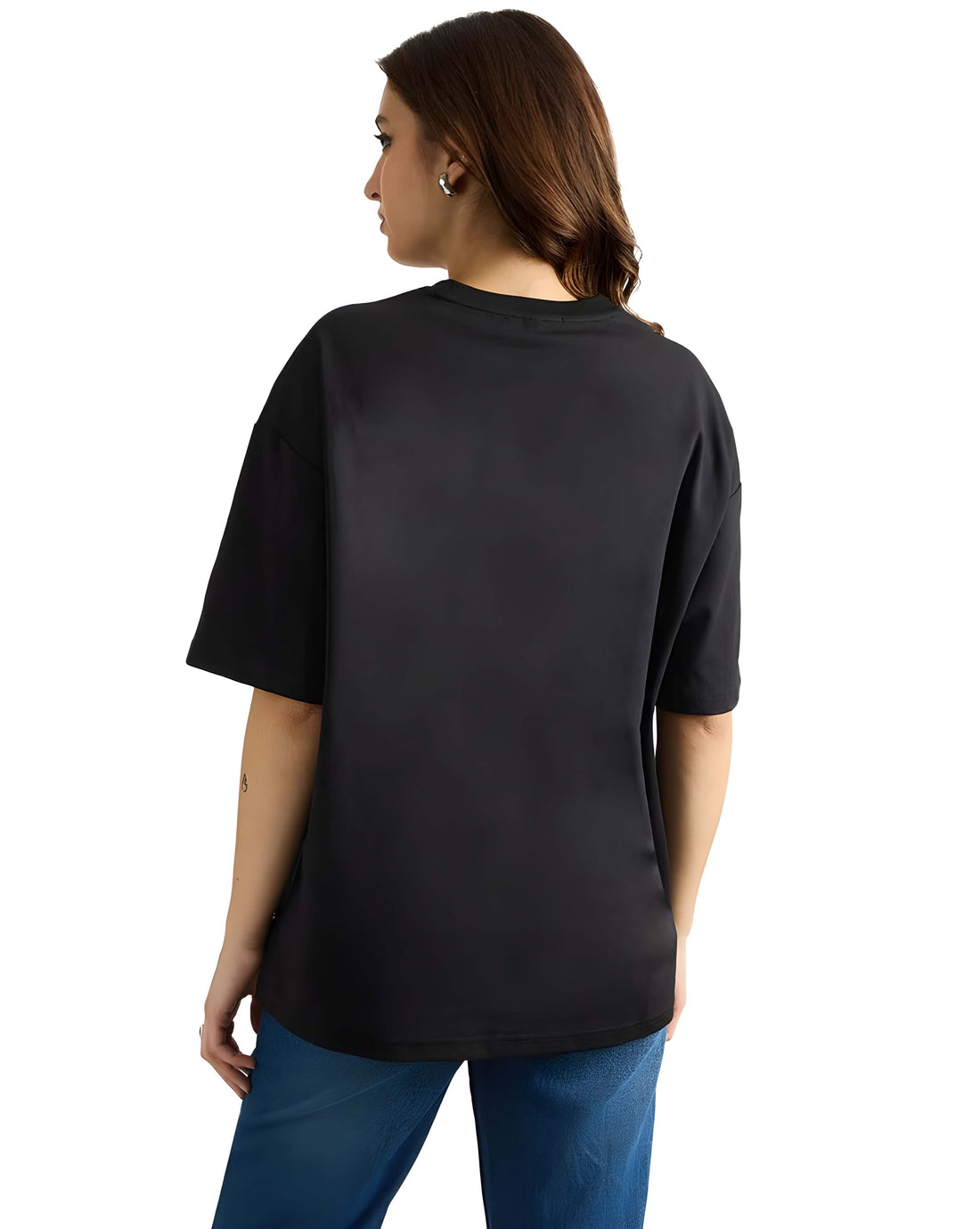 Women’s Black Cotton Oversized T-Shirt - Graphic Printed, Casual Round Neck by Kaido