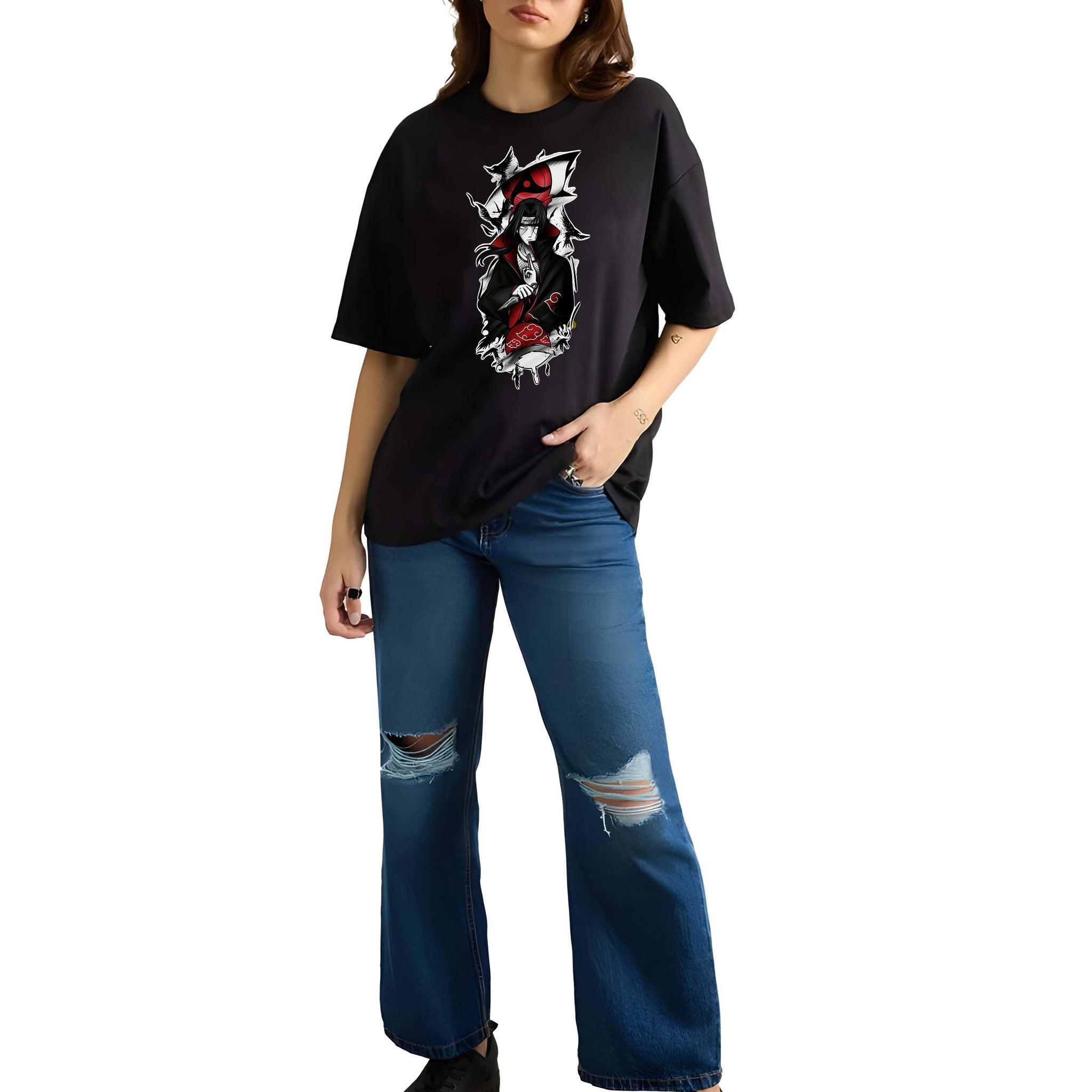 Women’s Black Cotton Oversized T-Shirt - Graphic Printed, Casual Round Neck by Kaido