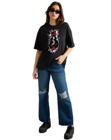 Women’s Black Cotton Oversized T-Shirt - Graphic Printed, Casual Round Neck by Kaido