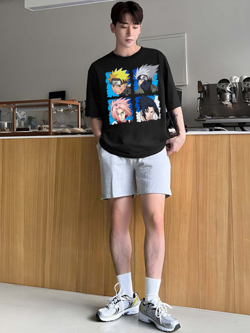 Men's Oversized T-Shirt - Black Cotton Graphic Print