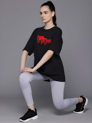 Women’s Black Cotton Oversized T-Shirt - Graphic Printed, Casual Round Neck by Kaido