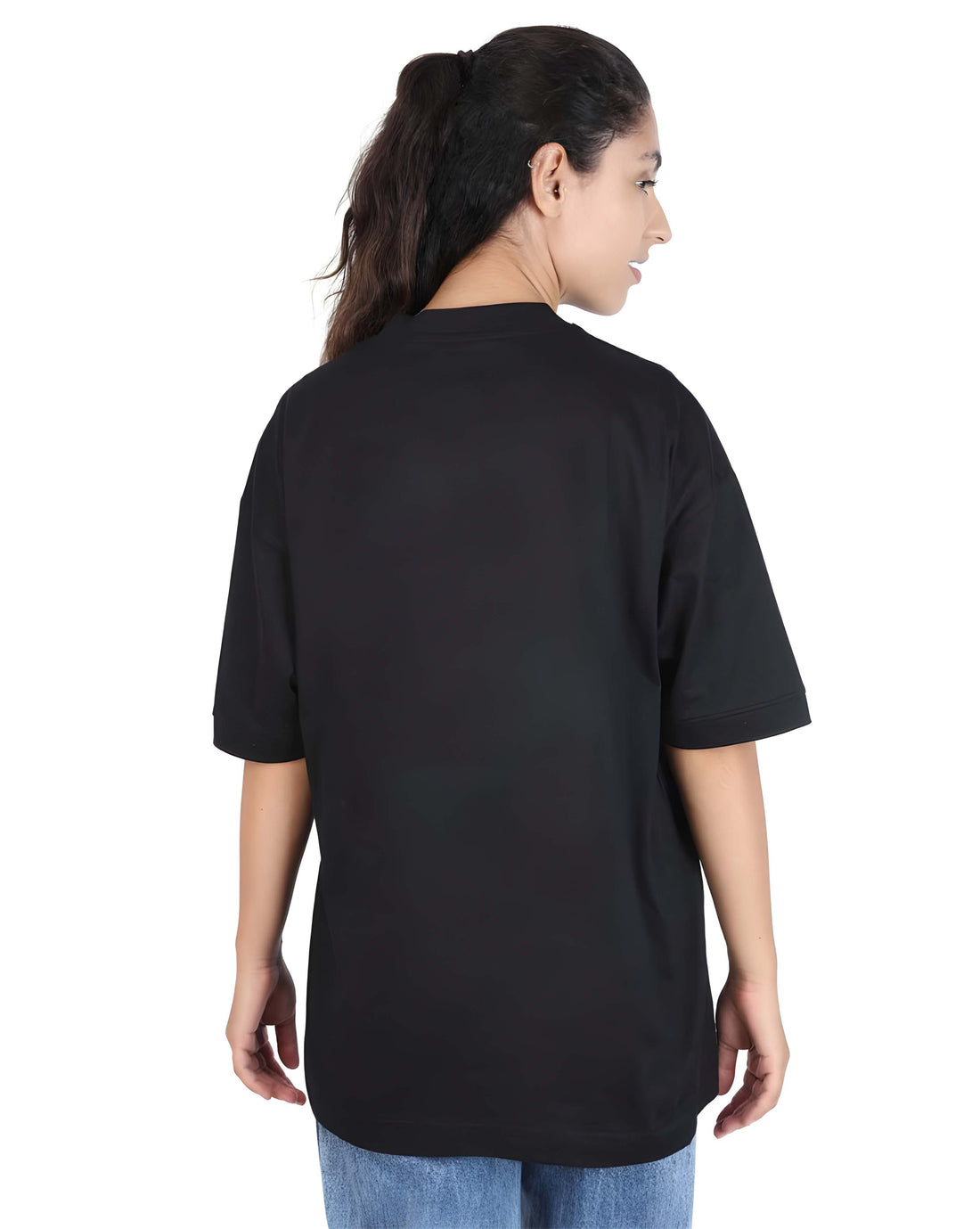 Women’s Black Cotton Oversized T-Shirt - Graphic Printed, Casual Round Neck by Kaido