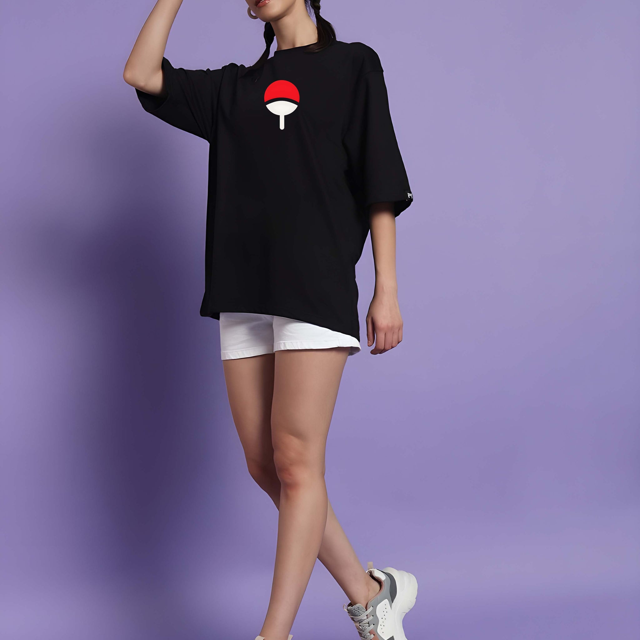 Women’s Black Cotton Oversized T-Shirt - Graphic Printed, Casual Round Neck by Kaido