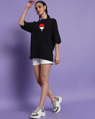 Women’s Black Cotton Oversized T-Shirt - Graphic Printed, Casual Round Neck by Kaido