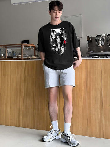 Men's Oversized T-Shirt - Black Cotton Graphic Print