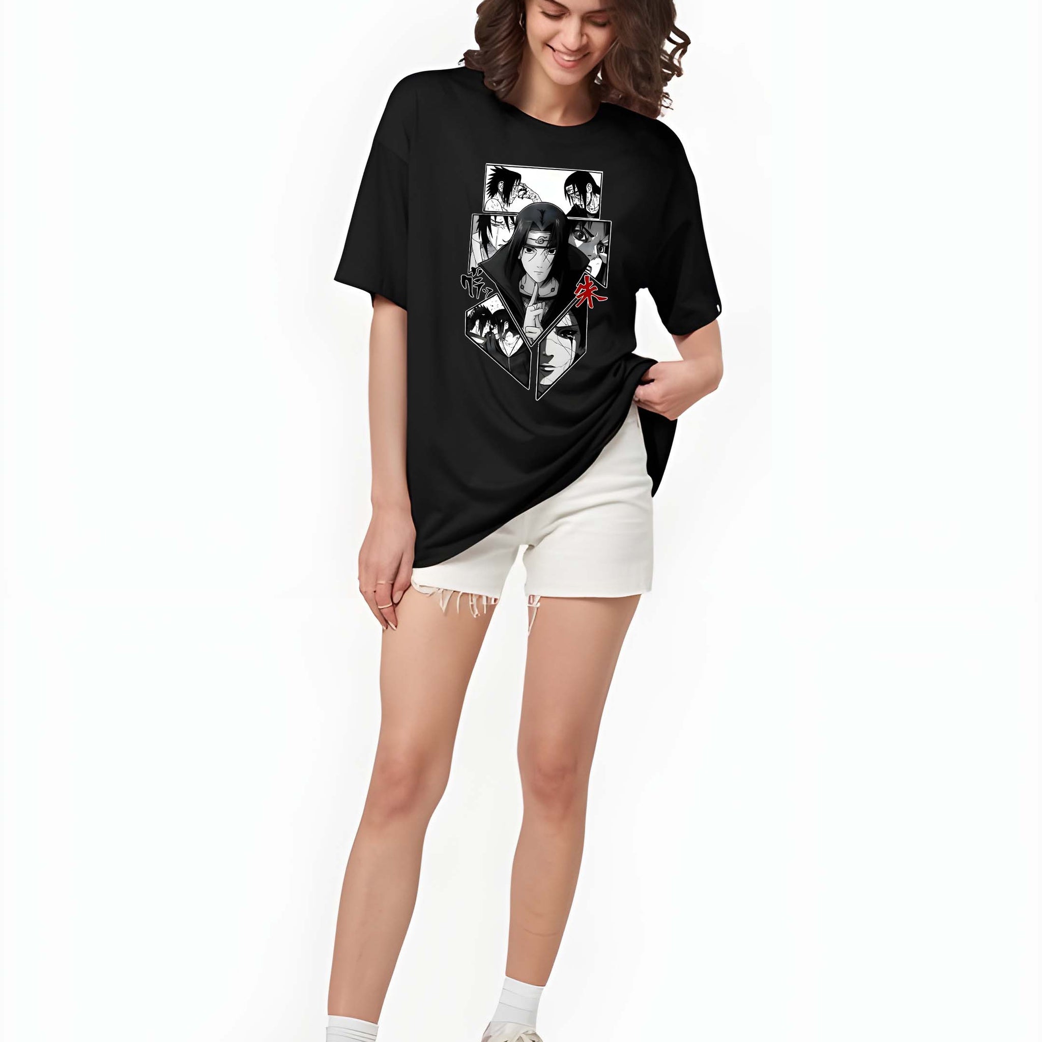 Women’s Black Cotton Oversized T-Shirt - Graphic Printed, Casual Round Neck by Kaido