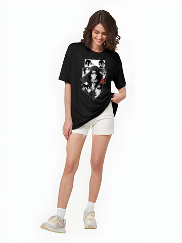 Women’s Black Cotton Oversized T-Shirt - Graphic Printed, Casual Round Neck by Kaido