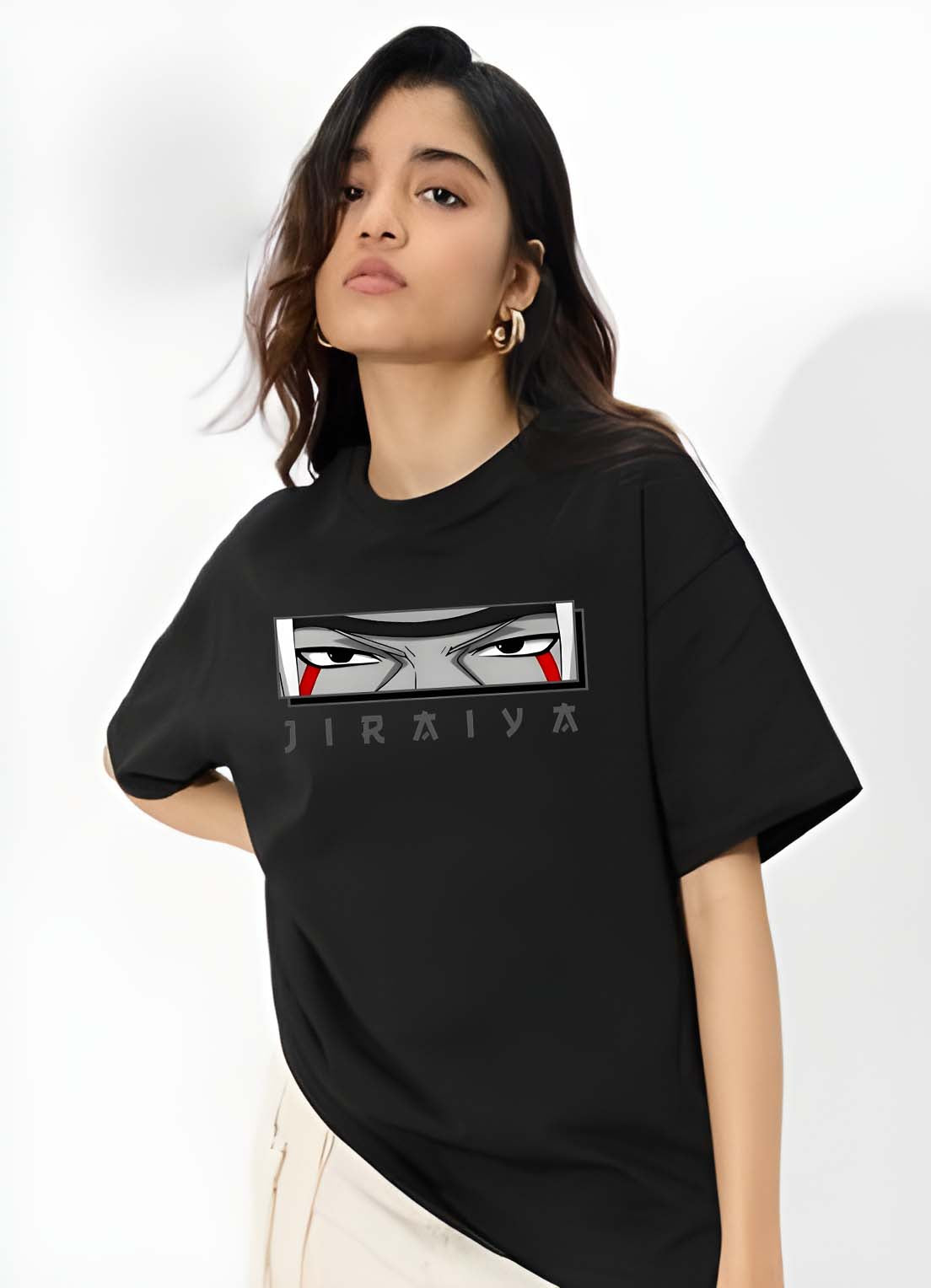 Women’s Black Cotton Oversized T-Shirt - Graphic Printed, Casual Round Neck by Kaido