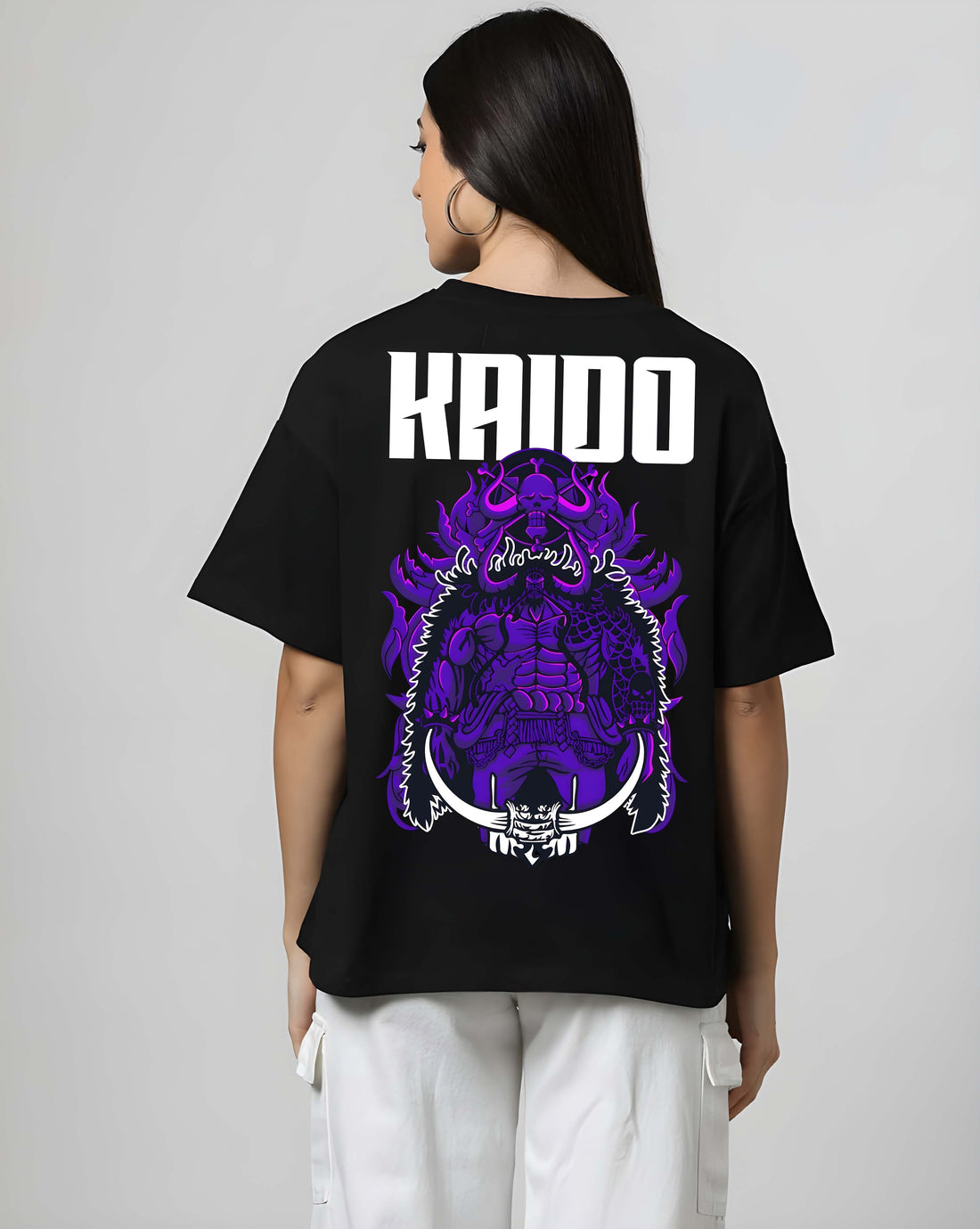 Women’s Black Cotton Oversized T-Shirt - Graphic Printed, Casual Round Neck by Kaido