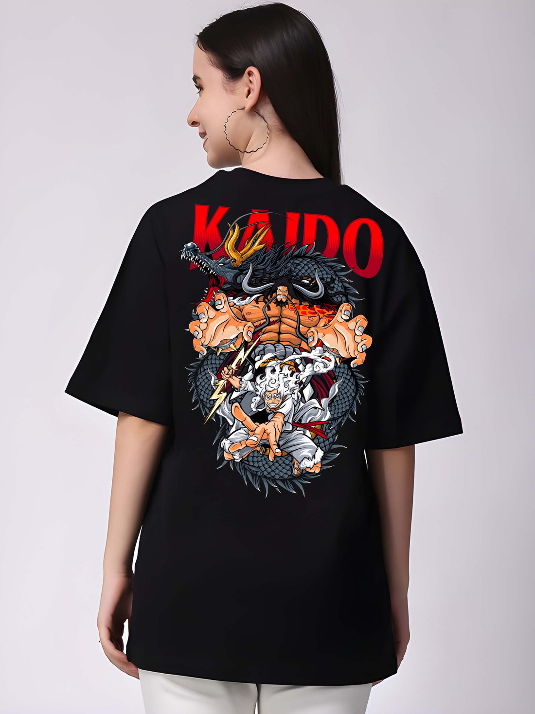 Women’s Black Cotton Oversized T-Shirt - Graphic Printed, Casual Round Neck by Kaido