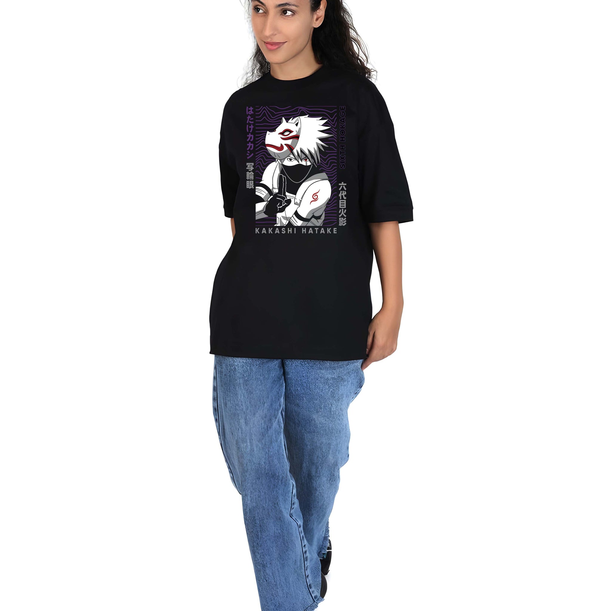 Women’s Black Cotton Oversized T-Shirt - Graphic Printed, Casual Round Neck by Kaido