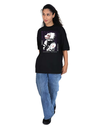 Women’s Black Cotton Oversized T-Shirt - Graphic Printed, Casual Round Neck by Kaido