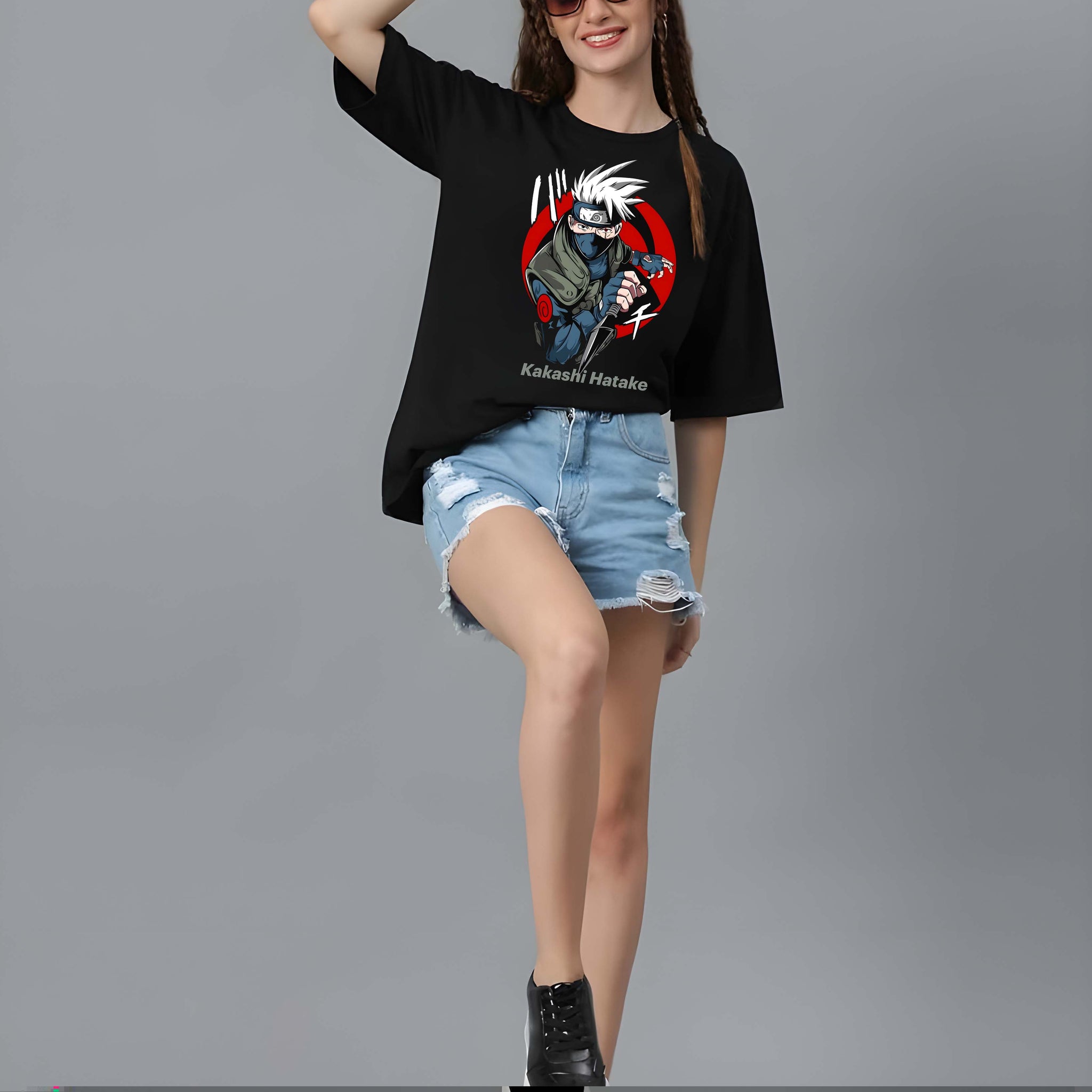 Women’s Black Cotton Oversized T-Shirt - Graphic Printed, Casual Round Neck by Kaido