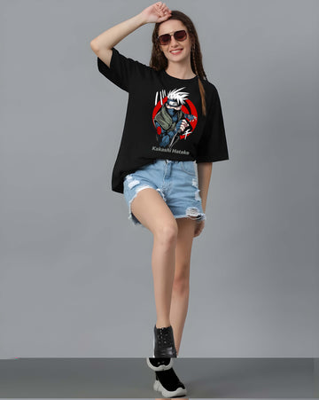 Women’s Black Cotton Oversized T-Shirt - Graphic Printed, Casual Round Neck by Kaido