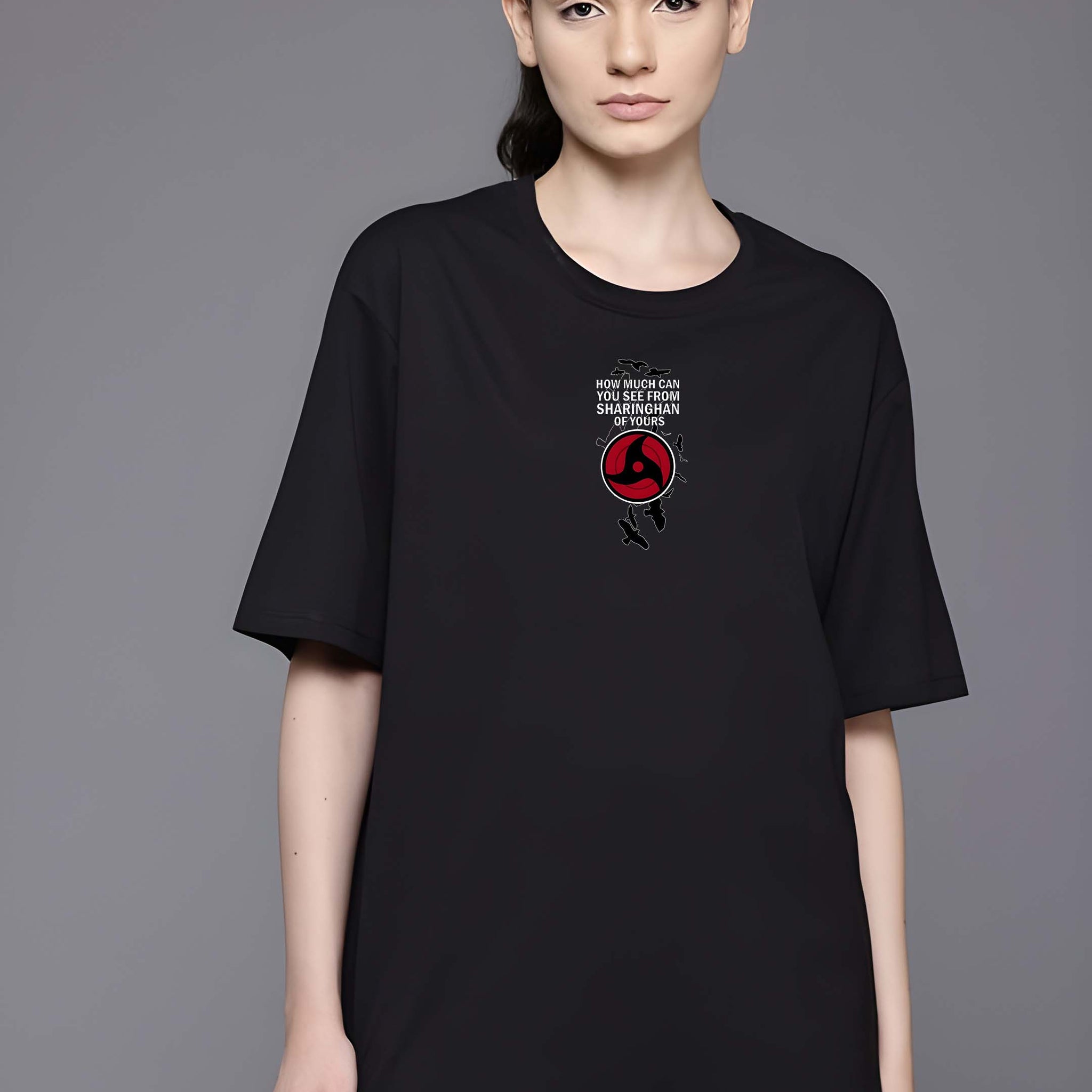 Women’s Black Cotton Oversized T-Shirt - Graphic Printed, Casual Round Neck by Kaido