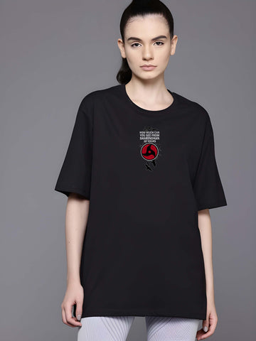 Women’s Black Cotton Oversized T-Shirt - Graphic Printed, Casual Round Neck by Kaido