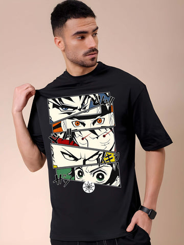 Men's Oversized T-Shirt - Black Cotton Graphic Print