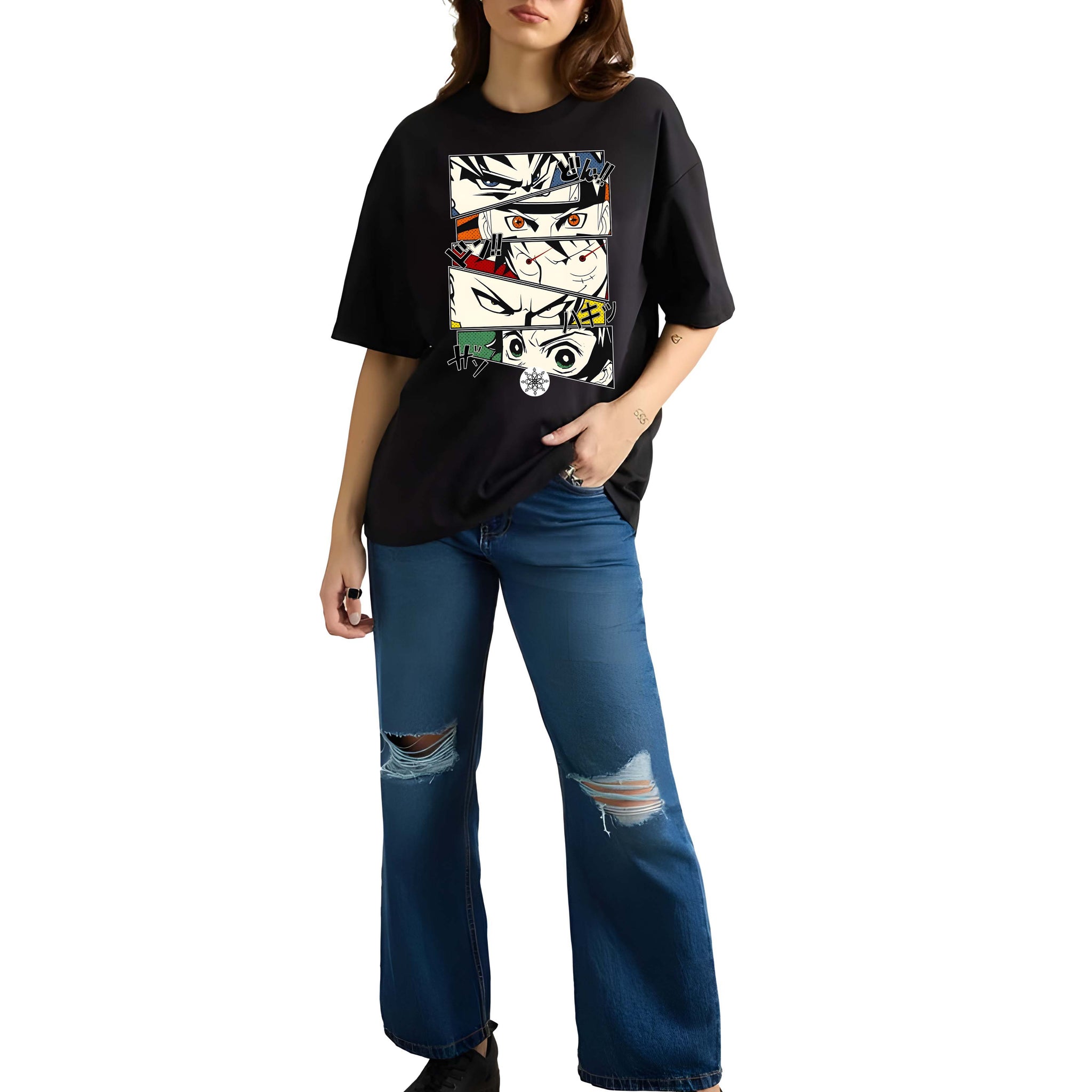 Women’s Black Cotton Oversized T-Shirt - Graphic Printed, Casual Round Neck by Kaido