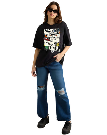 Women’s Black Cotton Oversized T-Shirt - Graphic Printed, Casual Round Neck by Kaido