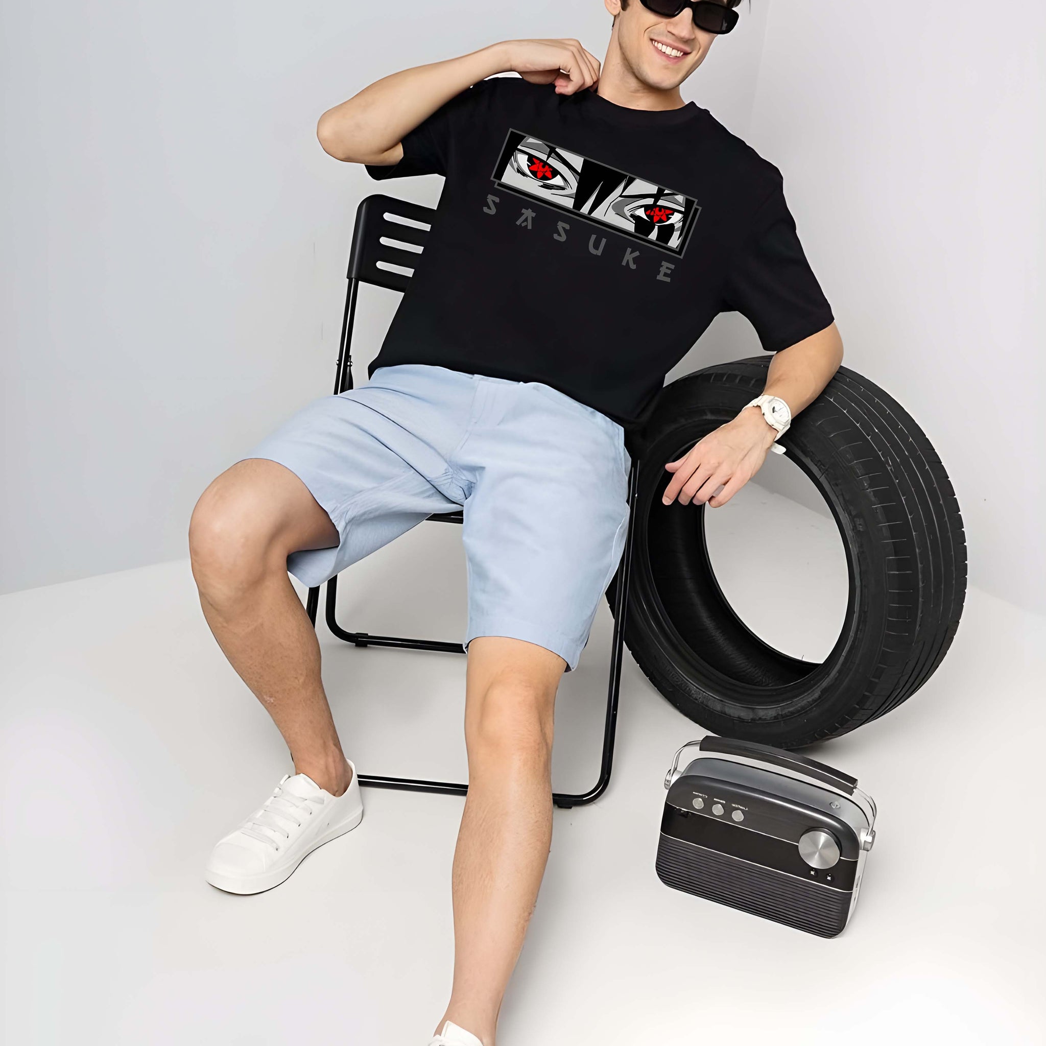 Men's Oversized T-Shirt - Black Cotton Graphic Print