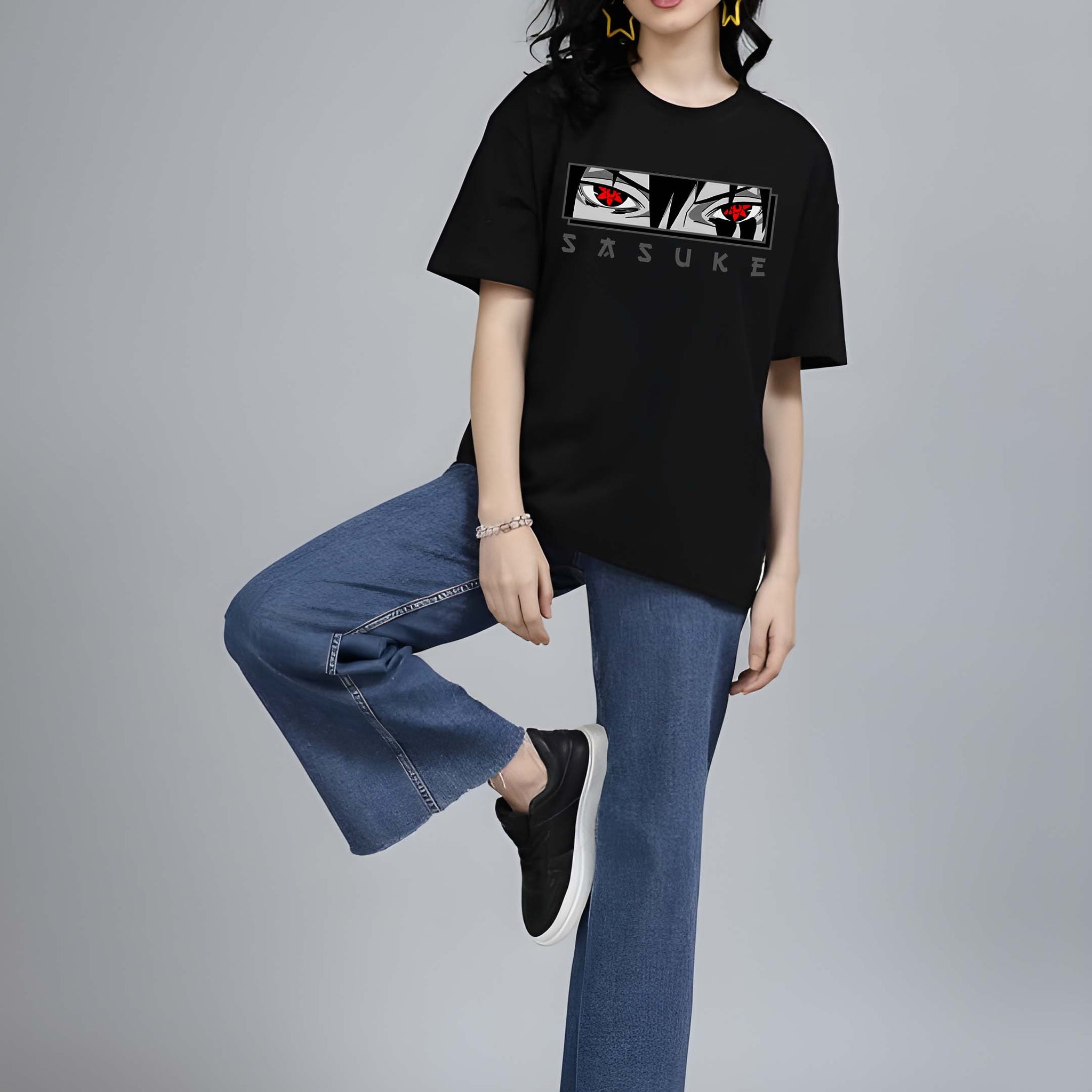 Women’s Black Cotton Oversized T-Shirt - Graphic Printed, Casual Round Neck by Kaido