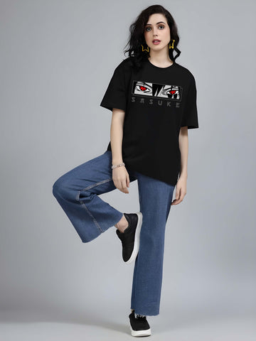 Women’s Black Cotton Oversized T-Shirt - Graphic Printed, Casual Round Neck by Kaido