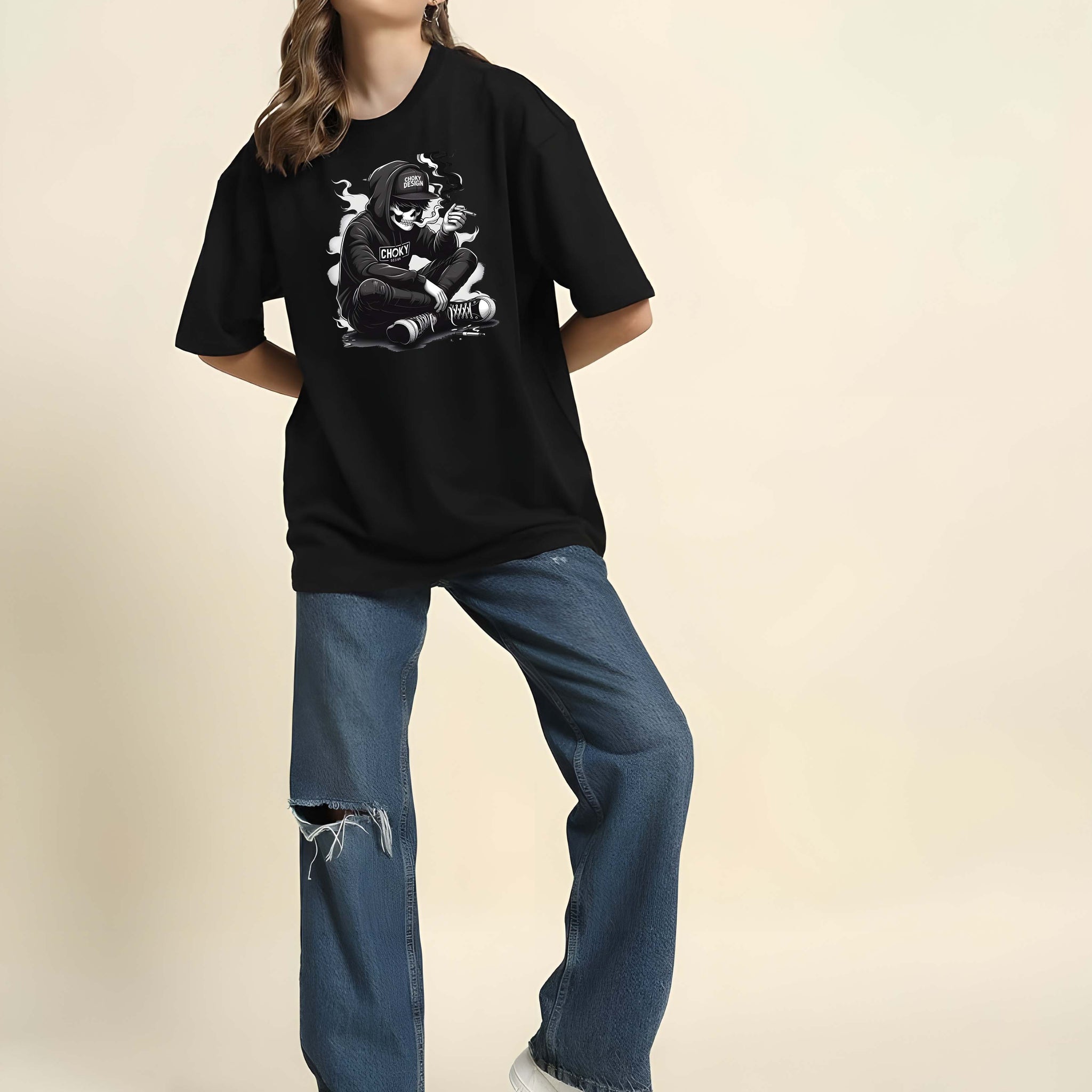 Women’s Black Cotton Oversized T-Shirt - Graphic Printed, Casual Round Neck by Kaido