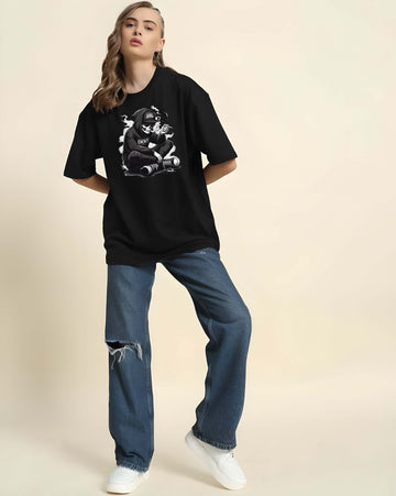 Women’s Black Cotton Oversized T-Shirt - Graphic Printed, Casual Round Neck by Kaido