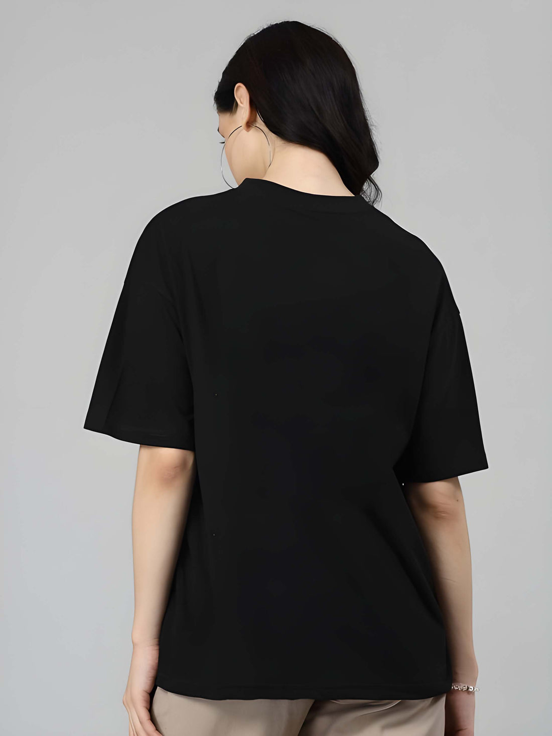 Women’s Black Cotton Oversized T-Shirt - Graphic Printed, Casual Round Neck by Kaido