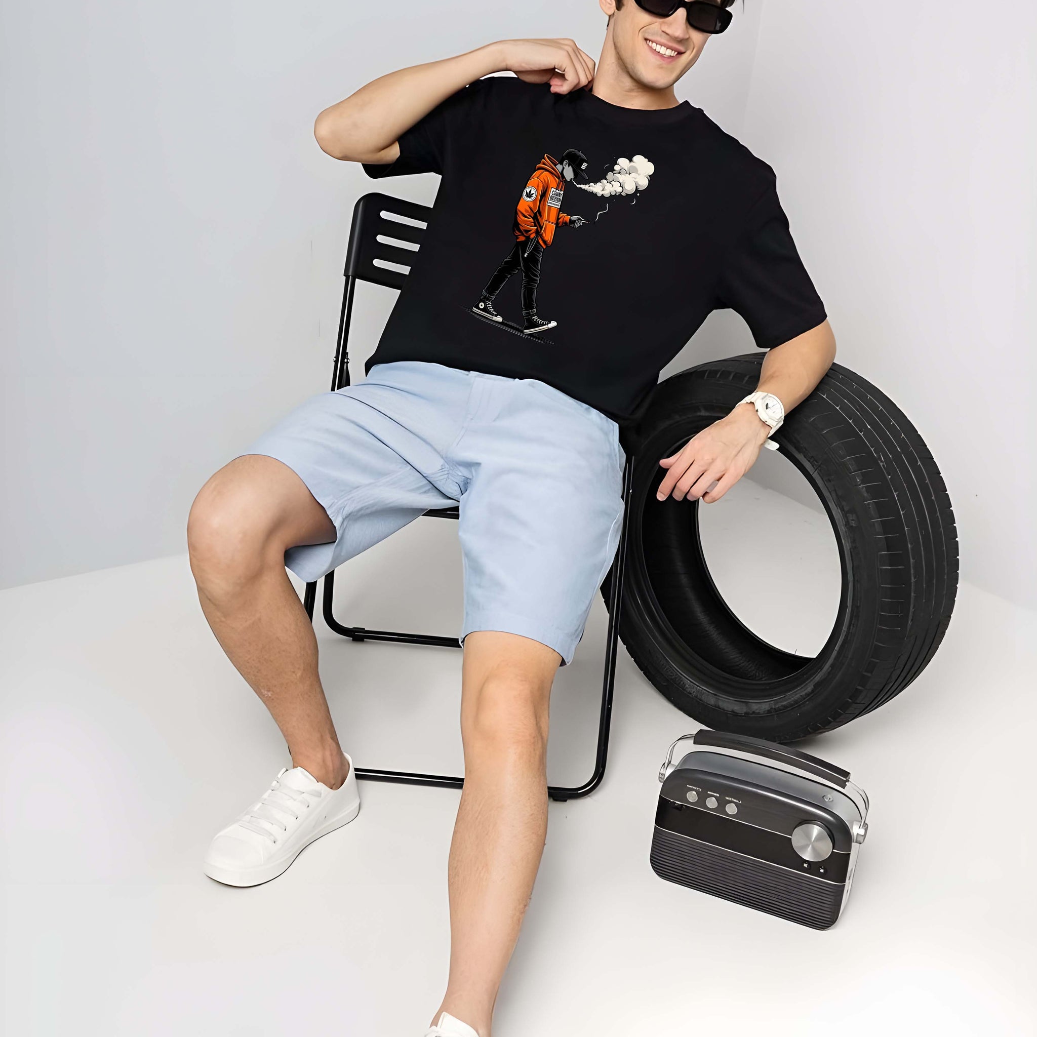 Men's Oversized T-Shirt - Black Cotton Graphic Print