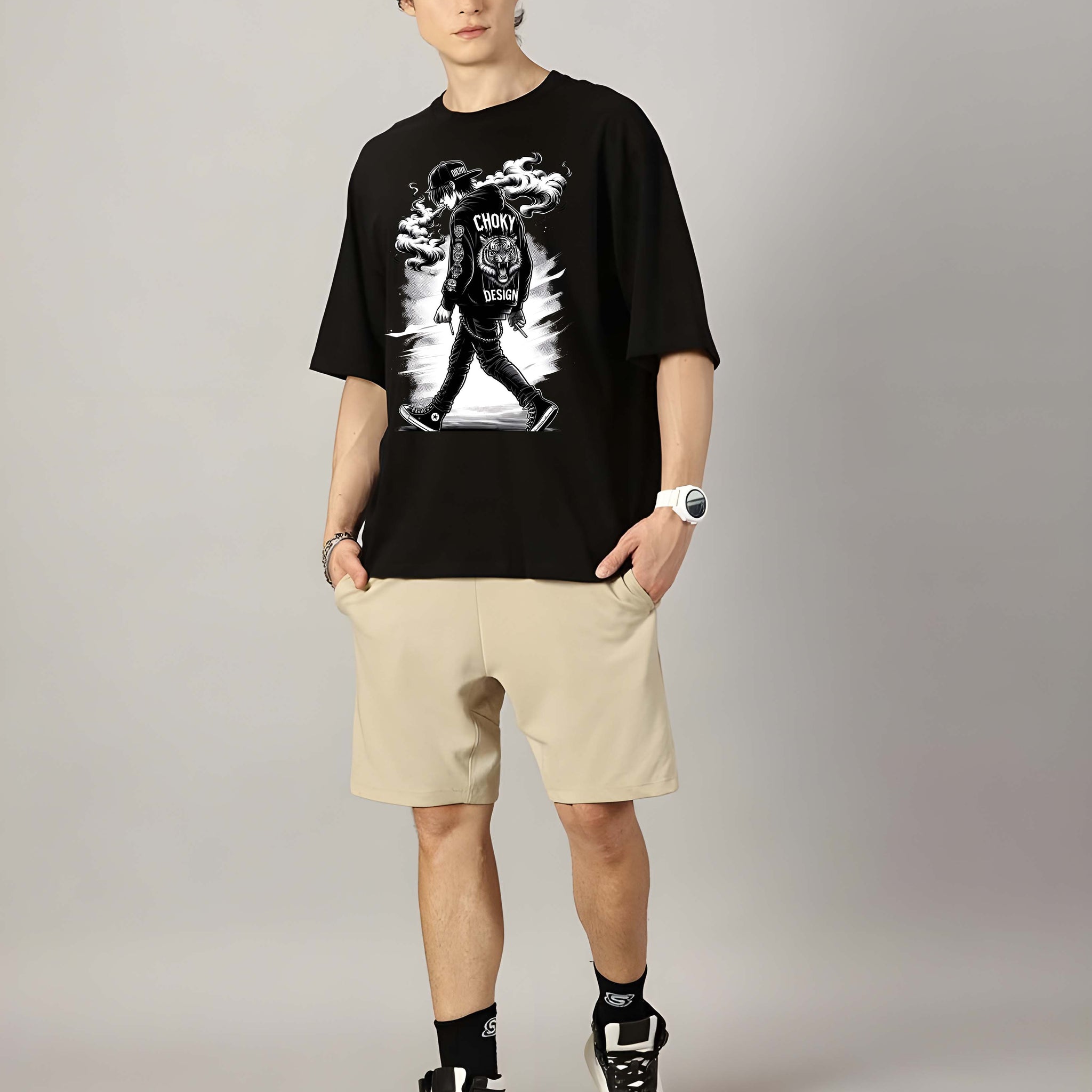 Men's Oversized T-Shirt - Black Cotton Graphic Print