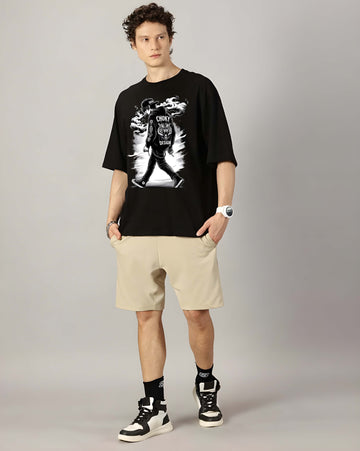 Men's Oversized T-Shirt - Black Cotton Graphic Print