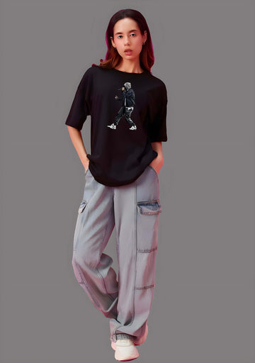 Women’s Black Cotton Oversized T-Shirt - Graphic Printed, Casual Round Neck by Kaido