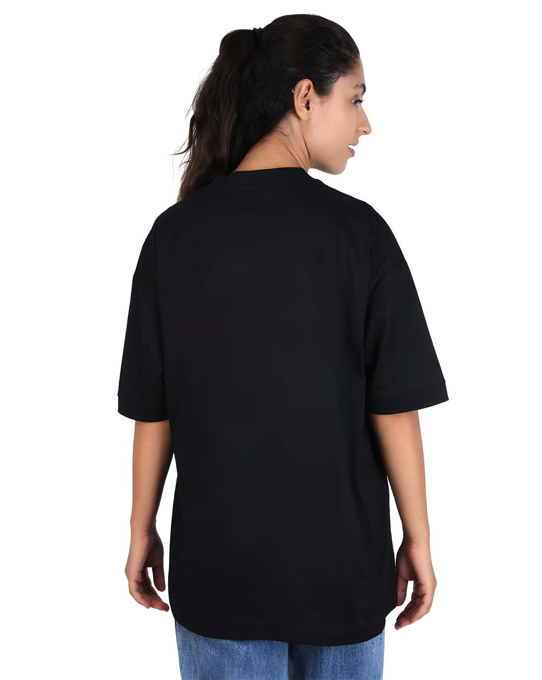 Women’s Black Cotton Oversized T-Shirt - Graphic Printed, Casual Round Neck by Kaido